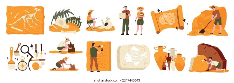 Archeology set of isolated compositions with icons of tools bone remains ancient findings and human characters vector illustration