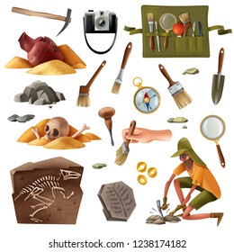 Archeology set of isolated elements images of digging equipment excavation artefacts with doodle style human character vector illustration