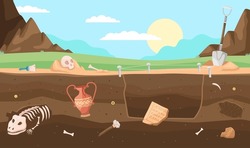 Archeology Soil Layers. Ancient Bones In Depths Of Earth, Excavation Area, Fossils And Skeletons, Old Antique Vases And Skull, Cultural Objects Underground, Vector Cartoon Flat Concept