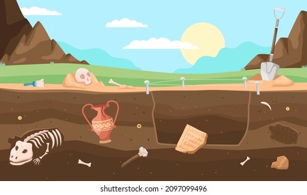 Archeology soil layers. Ancient bones in depths of earth, excavation area, fossils and skeletons, old antique vases and skull, cultural objects underground, vector cartoon flat concept