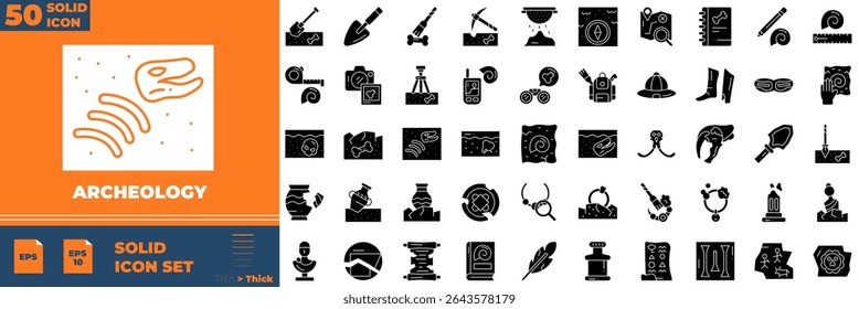 Archeology Solid Editable Icons set. Vector illustration in modern thin solid style of archeology icons: ancient scroll, fossil, megalith, etc