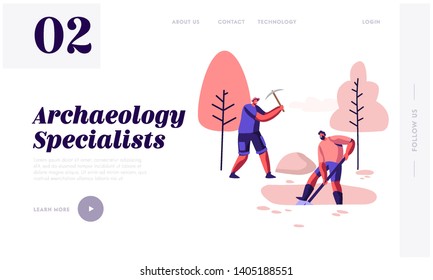 Archeology Specialists Remove Soil Layer with Shovel and Pickaxe, Scientists Working on Excavations Exploring Ancient Artifacts Website Landing Page, Web Page. Cartoon Flat Vector Illustration, Banner
