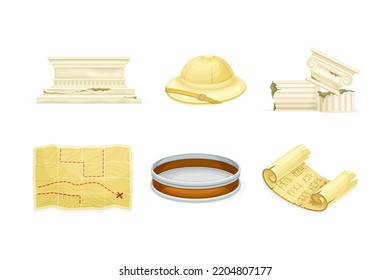 Archeology Tools And Ancient Artifact With Map, Papyrus Scroll, Hat, And Roman Column Vector Set