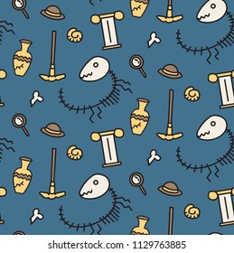 Archeology tools fossil dinosaurs seamless pattern with  blue background. Kids pattern, children design vector pattern.