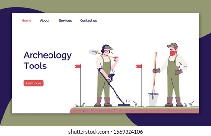 Archeology tools landing page vector template. Field survey website interface idea with flat illustrations. Historical research homepage layout. Treasure searching web banner, webpage cartoon concept