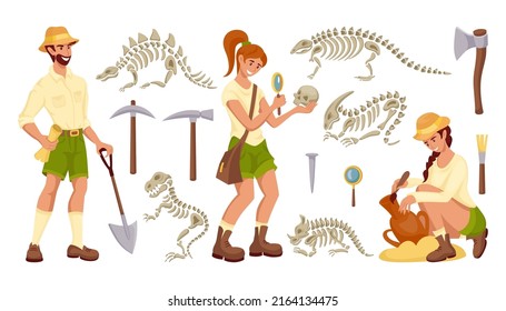 Archeology tools. Palaeontologist instrument. Archaeologists search skulls and antiquities. Person with dinosaur bone or vase. History instruments. Vector paleontology excavation set