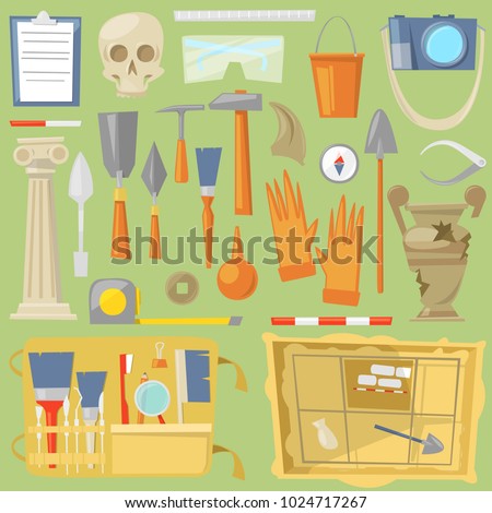 Archeology vector archaeological finds and tools or equipment and elements of ancient history finding by archaeologists illustration archaeology set isolated on background