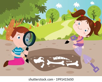 Archeology Vector Concept. Little Archaeologist Digging For Dinosaur Bones