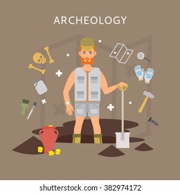 Archeology vector flat illustrations. Archaeologist, map, magnifier, shovel, pick, vector symbols. Vector treasure hunt excavations. Archeology vector symbols.