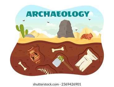 Archeology Vector Illustration with Archaeological Excavation of ancient Ruins, Artifacts and Dinosaurs Fossil in Flat Cartoon Hand Drawn Templates
