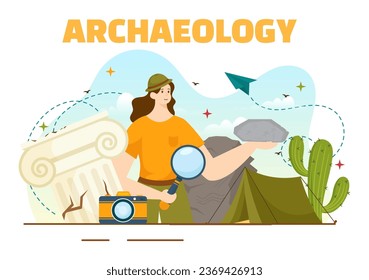 Archeology Vector Illustration with Archaeological Excavation of ancient Ruins, Artifacts and Dinosaurs Fossil in Flat Cartoon Hand Drawn Templates