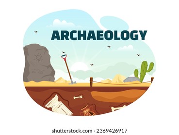 Archeology Vector Illustration with Archaeological Excavation of ancient Ruins, Artifacts and Dinosaurs Fossil in Flat Cartoon Hand Drawn Templates