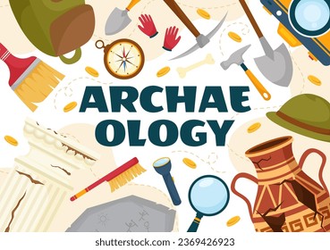 Archeology Vector Illustration with Archaeological Excavation of ancient Ruins, Artifacts and Dinosaurs Fossil in Flat Cartoon Hand Drawn Templates