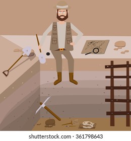 Archeology vector illustrations. Archeology vector symbols. Archaeologist , map, magnifier, compass, shovel, pick, skull, brush vector symbols. Eps10 illustrations.  vector image excavations