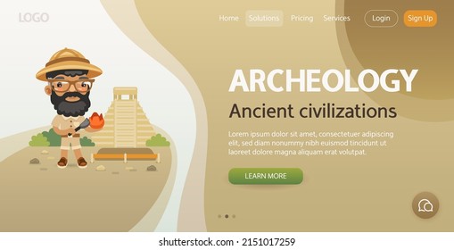 Archeology website template. Illustration of a cartoon archeologist at the excavation of ancient civilizations. Mayan pyramids. Composition with a professional man. Flat male character.