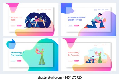 Archeology and Writer Profession Website Landing Page Set, Archeologists Found Ancient Items on Excavations Talented Author Working on Story or Book Web Page. Cartoon Flat Vector Illustration, Banner