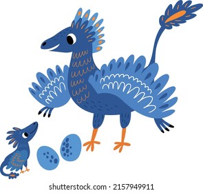 Archeopteryx. Family of cute dinosaurs. mom and baby