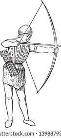 Archer in 15th century England clothing made from layers of fabric faced with velvet and studded with numerous small brass nails, vintage line drawing or engraving illustration.