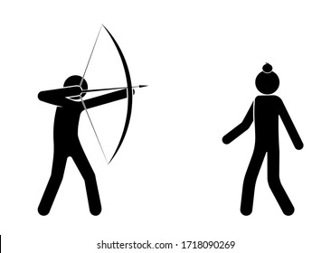 archer aims at an apple standing on a person head. Shooter athlete, dangerous stunt, amusement. Isolated vector on white background