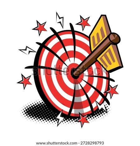 Archer arrow hit target center. Success strategy concept in comic book style. Vector on transparent background