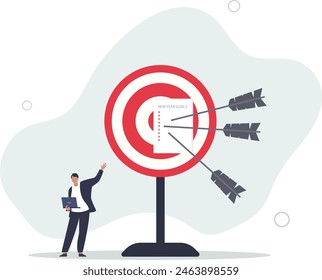 archer arrow with paper writing new year goals on bullseye target.flat vector illustration.