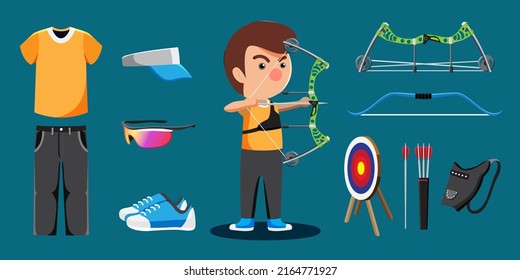 Archer athletics player cartoon and equipment set such as archery, target, bow, holster, glasses. Objects isolated on a blue background.