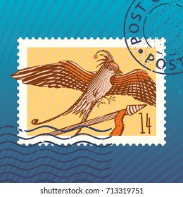 Archer Bird. Vector illustration. Line Art. Stamp. Mark. Postage card.