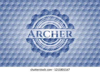 Archer blue emblem or badge with abstract geometric pattern background.