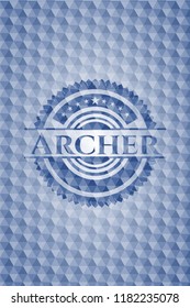 Archer blue emblem with geometric pattern background.