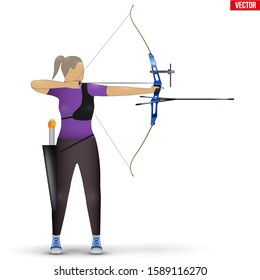 Archer with Bow Archery Sport. Archery Sport Equipment. Athlete Archer Woman Aiming an arrow. Vector Illustration isolated on white background.