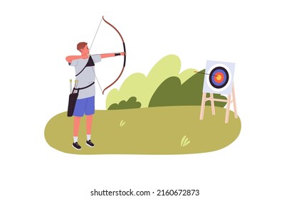 Archer with bow and arrow aiming at bullseye of target outdoors. Shooter bowman with longbow pointing, training. Archery leisure activity. Flat vector illustration isolated on white background