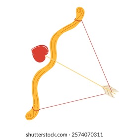 Archer bow and arrow simple vector illustration. Gold bow and red heart shape arrow. Hand drawn print for Valentine's Day