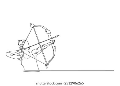 Arqueiro arco atleta mirando alvo contínuo um desenho de linha. Ilustração de arte de linha única de tiro ao arco. Vetor editável.  