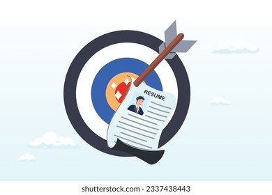 Archer bow hit on bullseye target with chosen candidate resume paper, recruitment target, choosing best candidate to fill in job vacancy, HR Human Resources find perfect talent for interview (Vector)