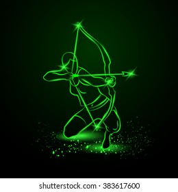 Archer with bow. Neon vector illustration.