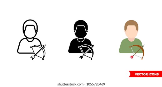 Archer bowman icon of 3 types: color, black and white, outline. Isolated vector sign symbol.