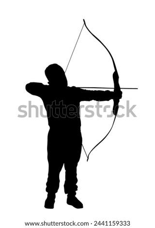 Archer boy vector silhouette illustration isolated on white background. Hunter hunting. Son teach to hold bow arrow. Kid wakes hunting instinct. Family child outdoor entertainment birthday present fun