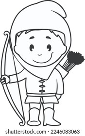 Archer colouring page.Archer male clipart.Medieval Archer cartoon character vector illustrations.Archer standing figure drawing