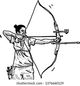 An archer competitor with a bow and arrow. Hand drawn vector illustration.