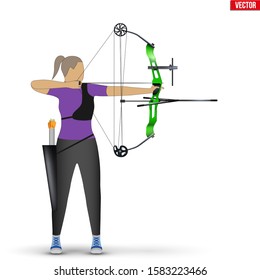 Archer with Compound Bow Archery Sport. Archery Sport Equipment. Athlete Archer Woman Aiming an arrow. Vector Illustration isolated on white background.