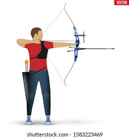 Archer with Compound Bow Archery Sport. Archery Sport Equipment. Athlete Archer Man Aiming an arrow. Vector Illustration isolated on white background.