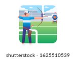 An archer is concentrating shooting an arrow to the centre of target. Archery vector illustration.