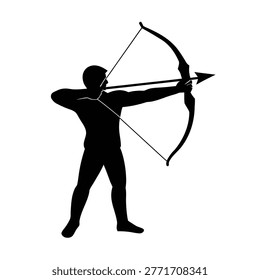Archer drawing bow silhouette vector art illustration