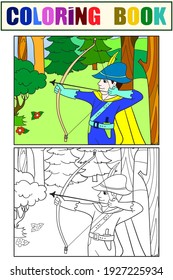 Archer in the forest. Fantastic children. Set coloring book.