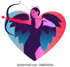 An archer girl with a bow and wings framed in a heart shape. St. Valentine's day theme.