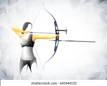 Archer girl triangulation. geometric athlete archer with bow. Cartoon vector illustration of man with bow and arrow shout to the target. Archer Gamer.