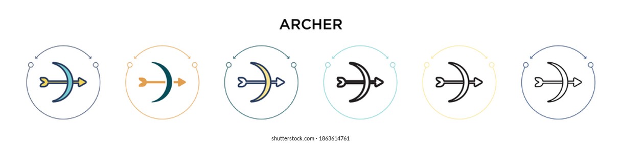 Archer icon in filled, thin line, outline and stroke style. Vector illustration of two colored and black archer vector icons designs can be used for mobile, ui, web