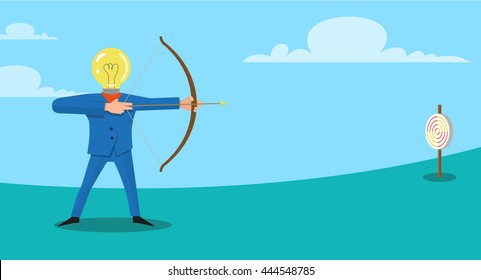 Archer. Ideas implementation. Bulb head man with bow aiming. Flat style vector illustration