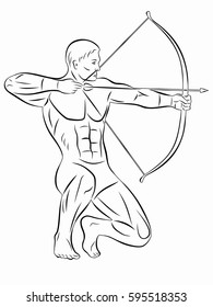 archer illustration, black and white drawing, white background