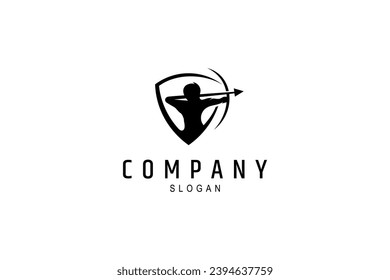 Archer logo design with shield combination in flat design concept